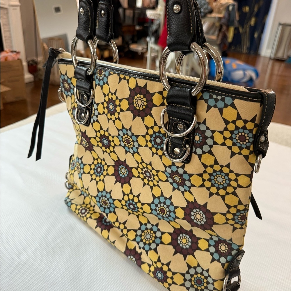 Franco Sarto Yellow and Black Floral Shoulder Bag Leather Straps